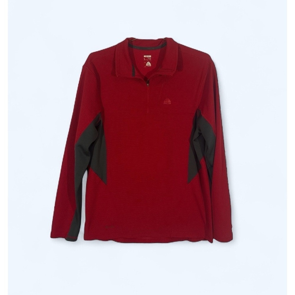 Nike ACG Shirt Mens Large Red Grey 1/4‎ Zip Pullover Dri-Fit Thermal Waffle Knit